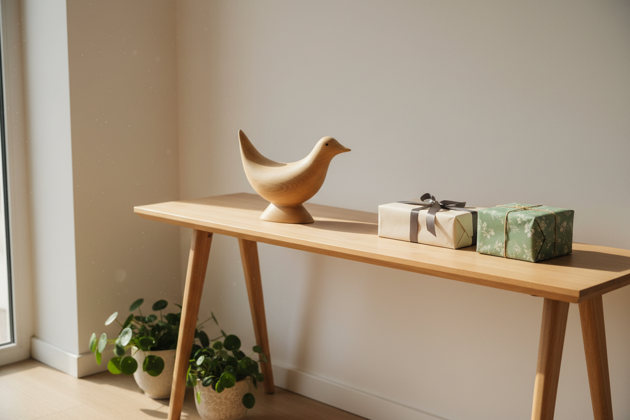 Objets de décoration scandinave en bois clair et céramique disposés dans un salon lumineux