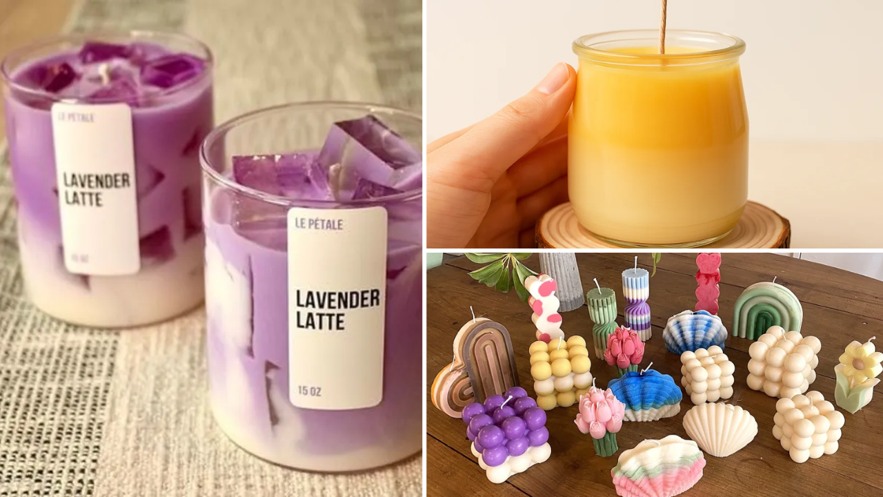 Coffret de bougies parfumées et photophores en verre posés sur une table en bois