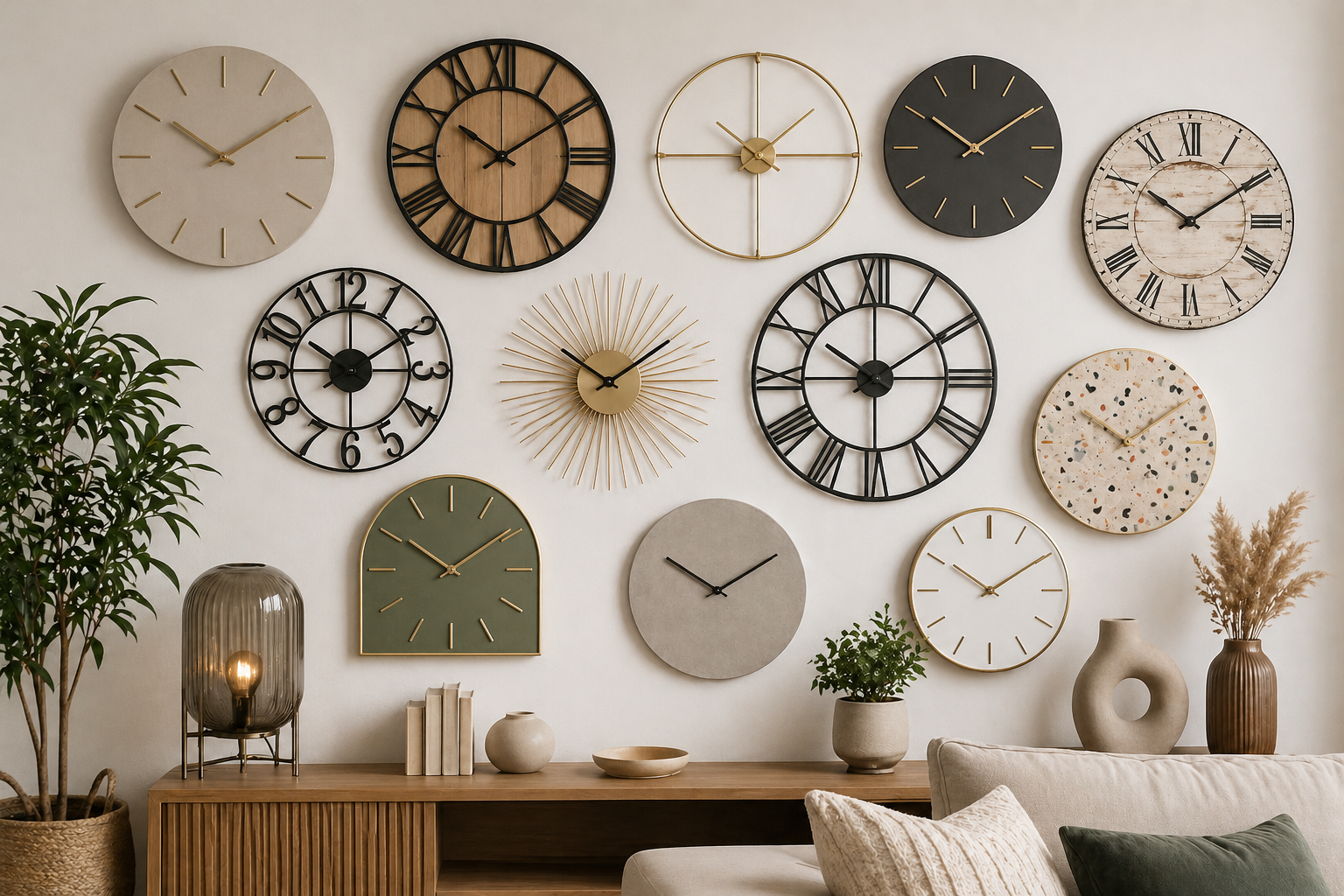 Horloge murale design en bois clair fixée sur un mur de salon lumineux
