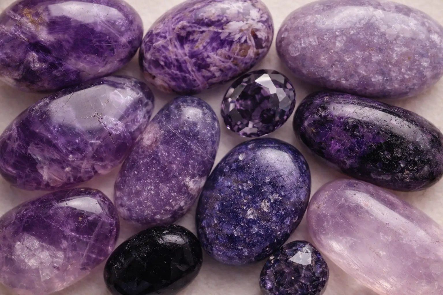 Cristaux de pierre violette dont une améthyste posés sur un fond sombre