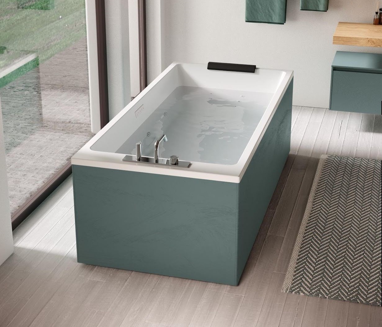 Baignoire balnéo installée dans une salle de bain moderne, buses de massage visibles sur le fond de la cuve