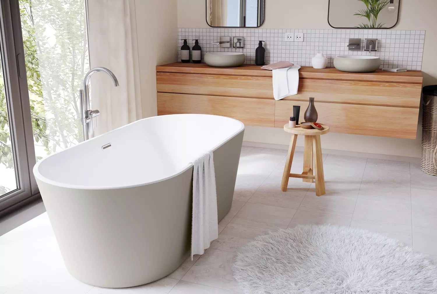 Baignoire îlot ovale installée au centre d'une salle de bain moderne aux lignes épurées