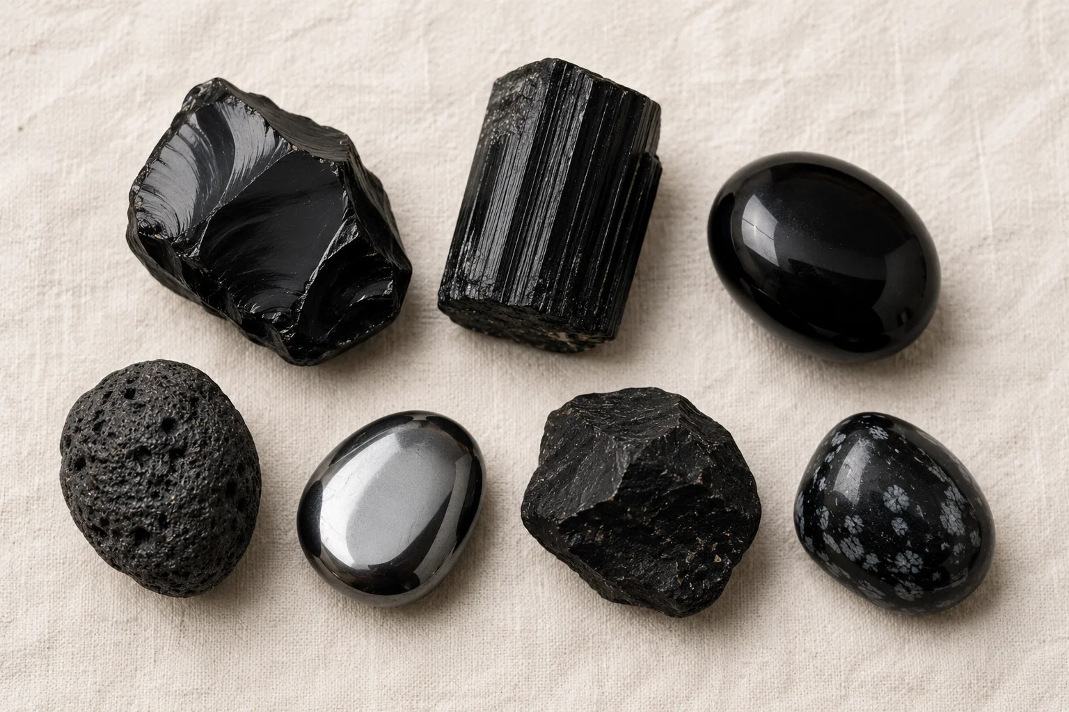 Pierres noires naturelles polies et bijoux en pierre noire sur fond clair