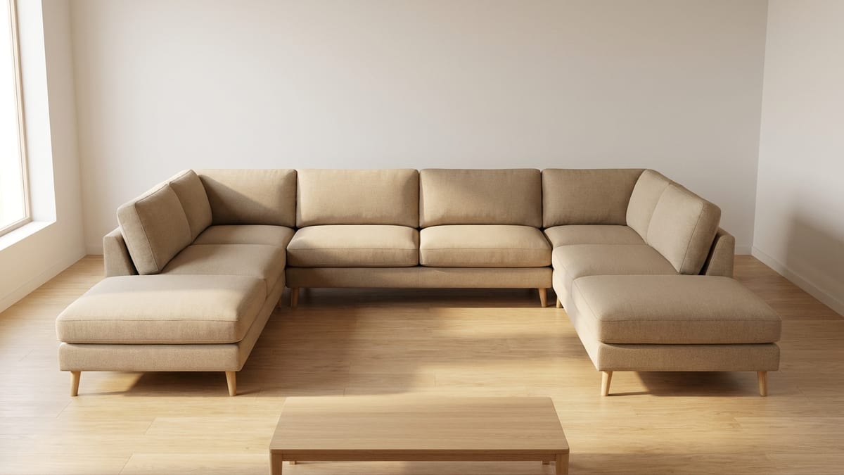 Canapé d'angle beige de Best Mobilier installé dans un salon clair avec coussins décoratifs