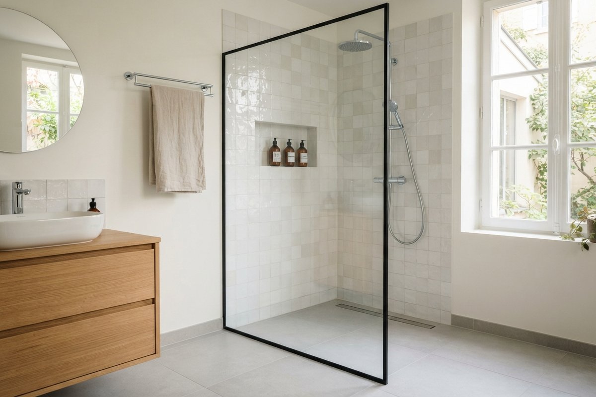 Douche italienne de plain-pied avec paroi vitrée fixe et sol carrelé continu