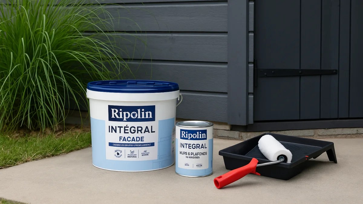 Pots de peinture Ripolin posés près d'un mur fraîchement repeint
