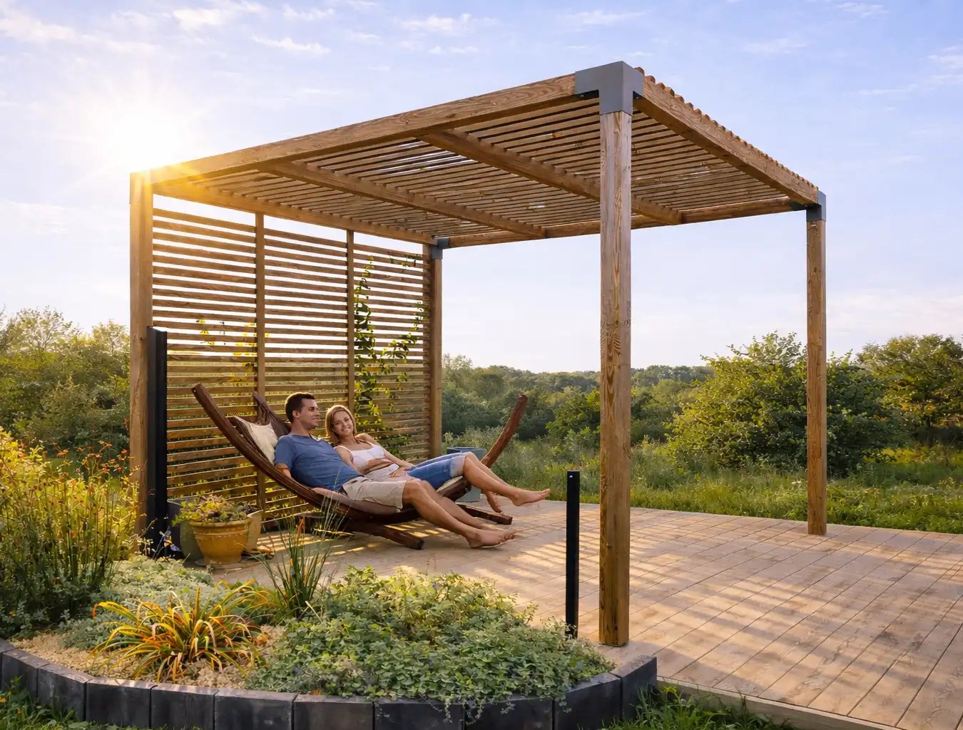 Pergola en bois adossée à une maison au-dessus d'une terrasse de jardin