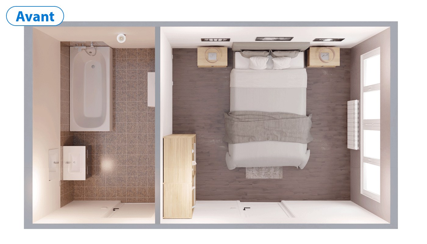 Suite parentale avec chambre ouverte sur une salle de bain derrière la tête de lit