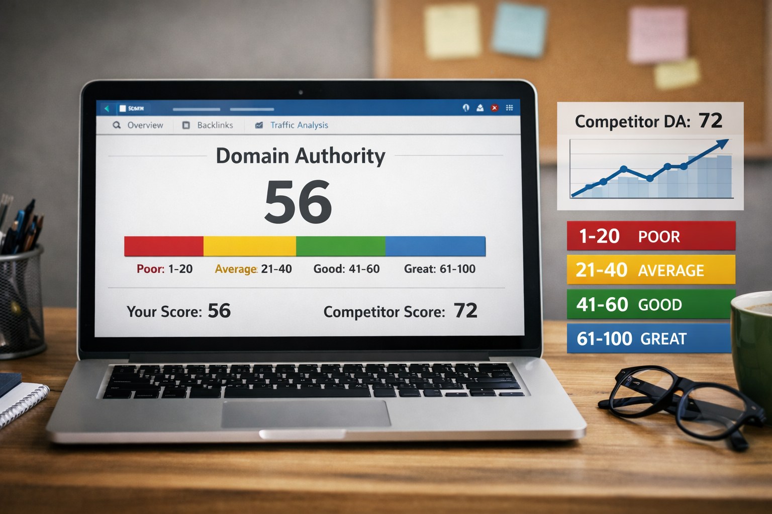 Tableau de bord SEO affichant l'autorite de domaine (domain authority) et les courbes de visibilite d'un site web