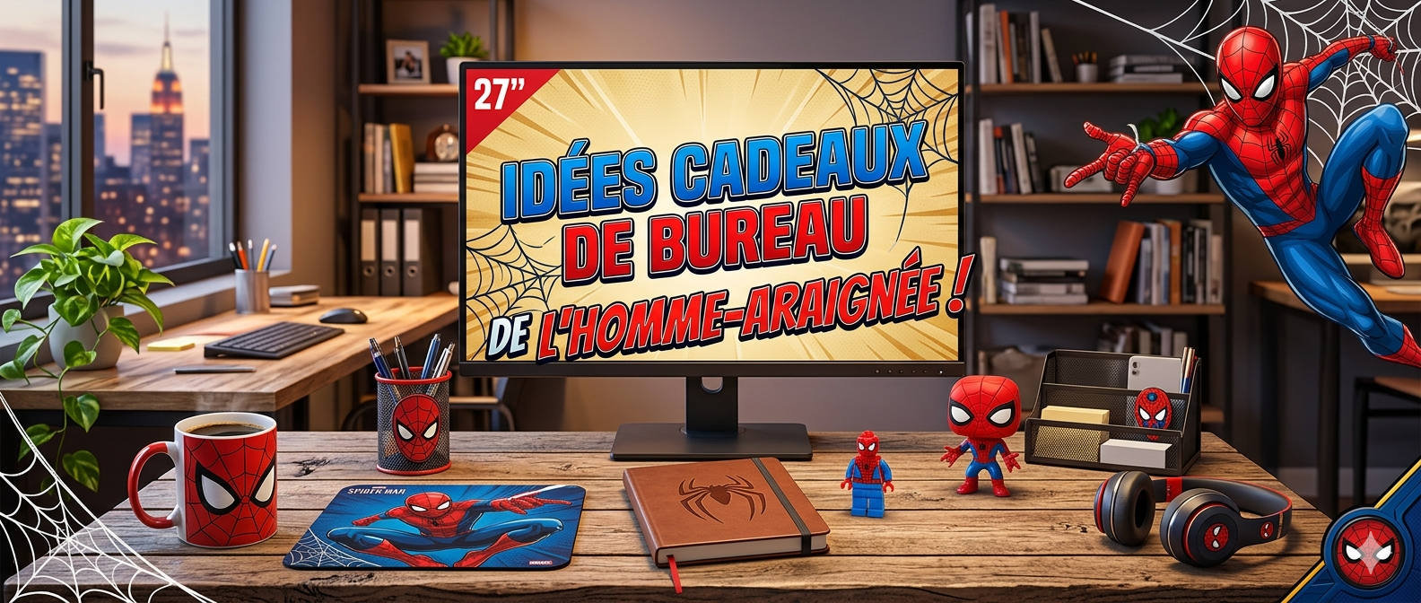 Bureau à domicile aménagé avec une lampe, une plante, un carnet et des accessoires de rangement