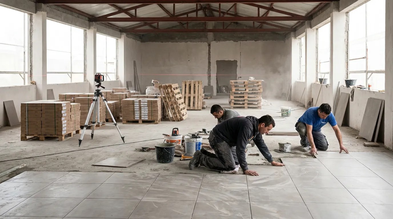 Carreaux de carrelage fraîchement posés sur un lit de colle, en attente de séchage