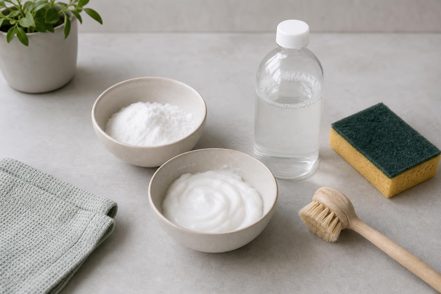 Pot de bicarbonate de soude et cuillère posés sur un plan de travail